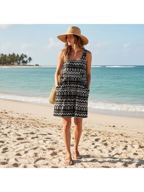 J. VALDI Easy Care Poly Spandex Deep Pocket Beach Coverup Aztec Print US Sz L